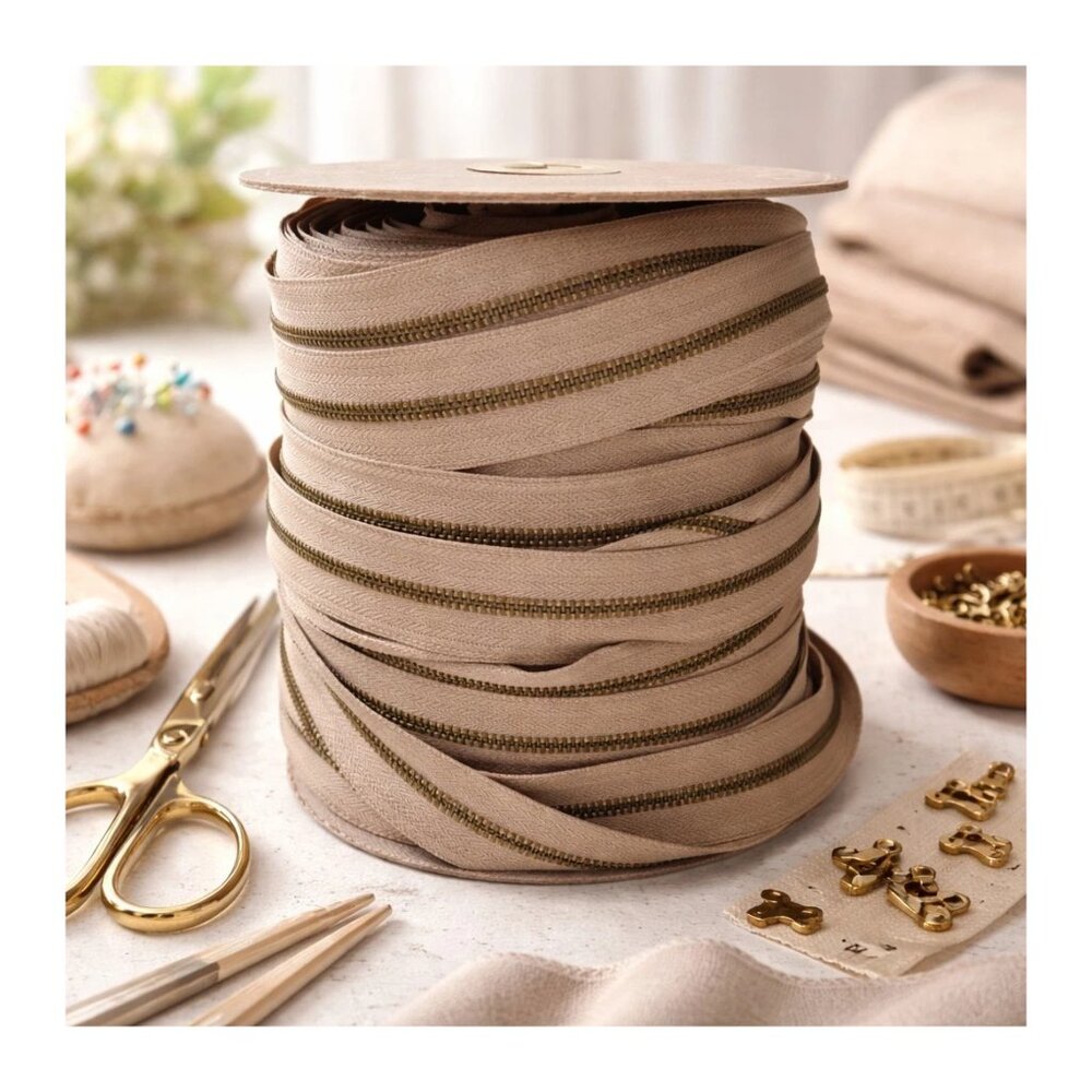 Conso #5 Brass Zipper Chain 100 Yards Tan/Taupe Continuous Upholstery Sewing